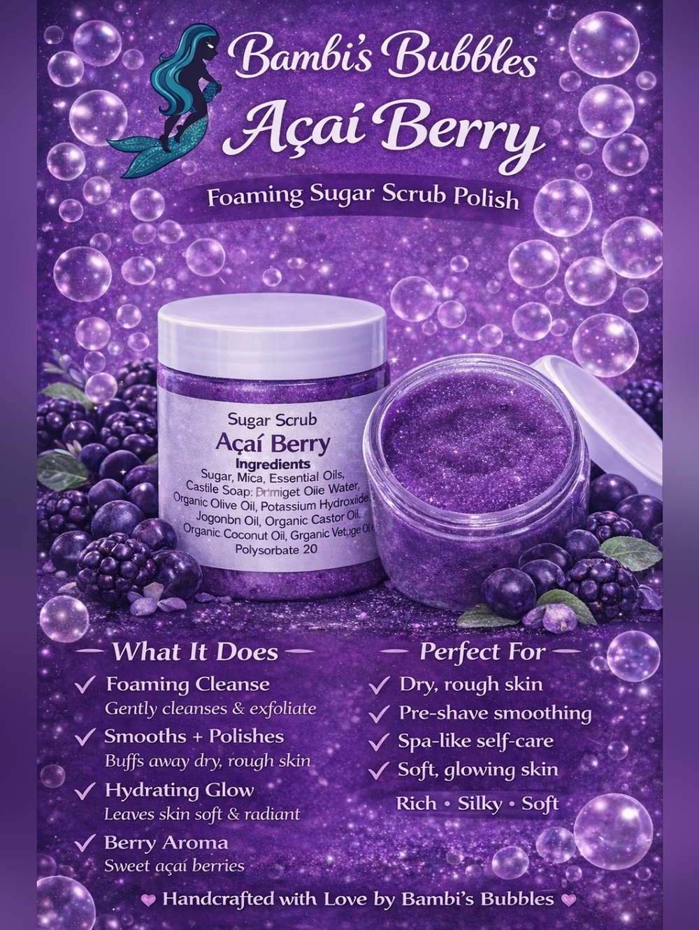 Acai Berry 8oz Hand Crafted Foaming Sugar Polish Scrub